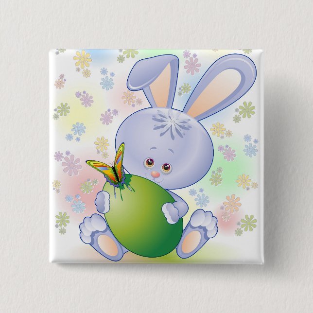 Easter Rabbit with Egg and Flowers 2 Inch Square Button (Front)