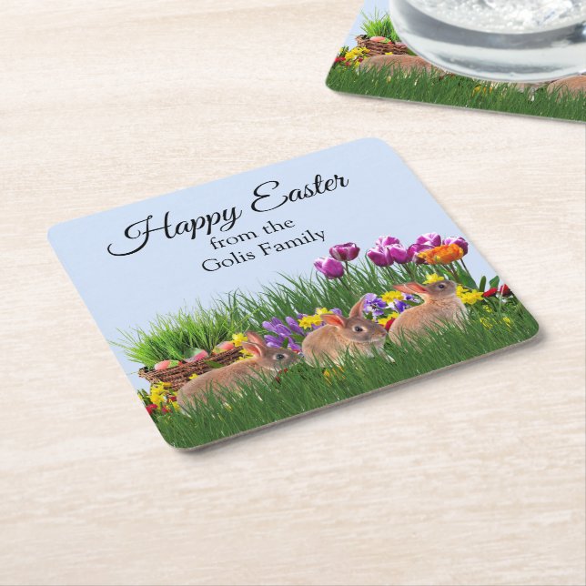  Easter Rabbits Personalized  Square Paper Coaster (Angled)