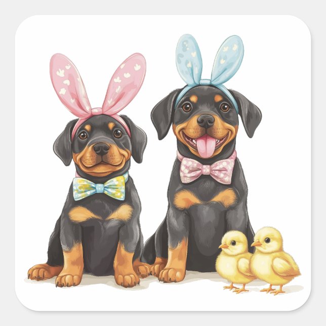 Easter Rottweiler Dogs Bunny Ears Square Sticker (Front)