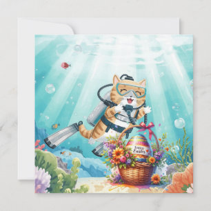 Easter Scuba Diver Cat  with egg basket under sea Holiday Card