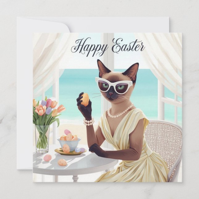 Easter Siamese cat with eggs in house by seaside Holiday Card (Front)