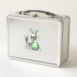 Easter Skeleton Bunny Rock Hand Rocker Boys Kids M Metal Lunch Box