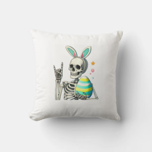 Easter Skeleton Bunny Rock Hand Rocker Boys Kids M Throw Pillow