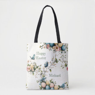 Easter Spring Birds Pastel Eggs Watercolor Floral Tote Bag
