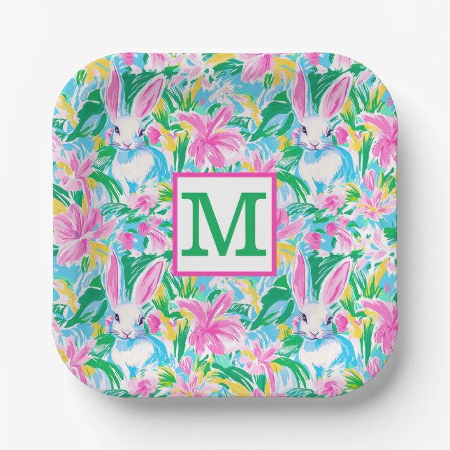 Easter Spring Bunnies Flowers Preppy Monogram Paper Plate (Front)