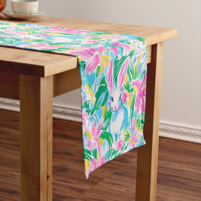 Easter Spring Bunnies Flowers Preppy Short Table Runner (In Situ)
