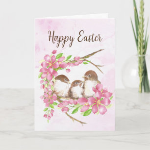 Easter, Spring , Cherry Blossom, Sparrows, Bird Holiday Card