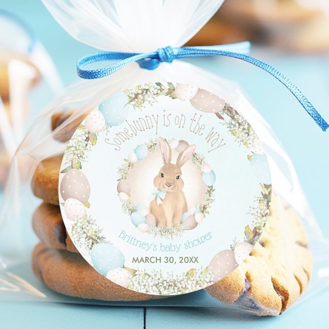 Easter Spring Cute Bunny Blue Boy Baby Shower Classic Round Sticker (Easter Spring Cute Bunny Blue Boy Baby Shower Classic Round Sticker)