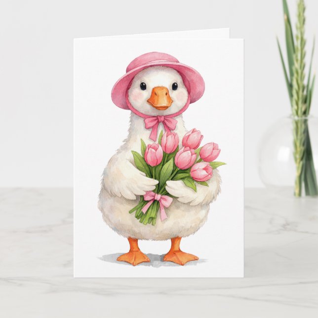 Easter Spring Goose with Pink Tulips Card (Front)