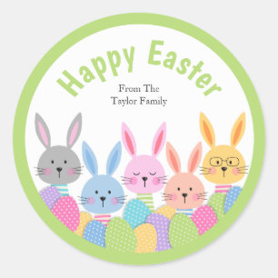 Easter Sticker group of bunnies with eggs in green