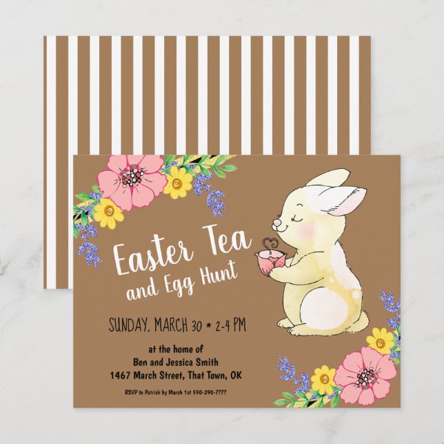 Easter Tea and Egg Hunt Spring Bunny Brown Invitation (Front/Back)