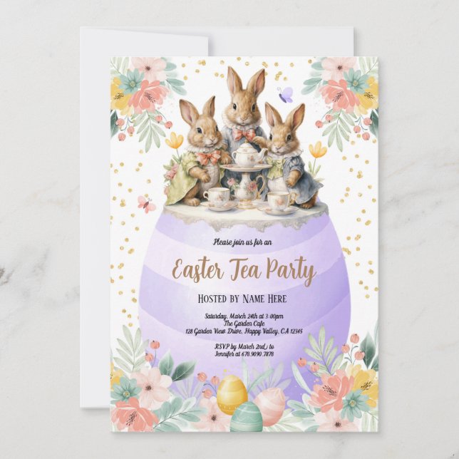 Easter Tea Party Watercolor Bunny Purple Pastel Invitation (Front)