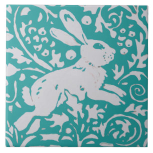 Easter Teal Blue Rabbit Bunny Floral Nature Animal Tile