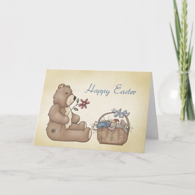 Easter Teddy Bear, Basket Holiday Card (Front)