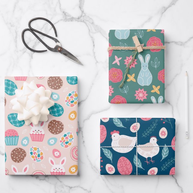 Easter Themed Pattern Bunnies Eggs and Chickens Wrapping Paper Sheet (Front)