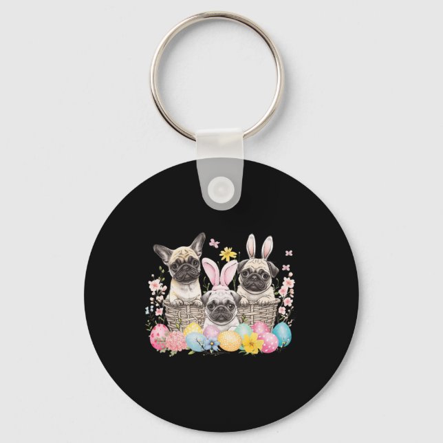 Easter Three Pug Cute Easter Bunny Ears Art  Keychain (Front)