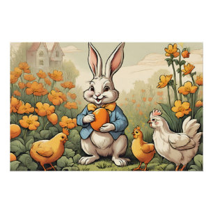 Easter Time Bunny, Chicken Vintage Illustration  Poster