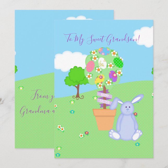 Easter Topiary Blue Bunny Grandson Holiday Card (Front/Back)