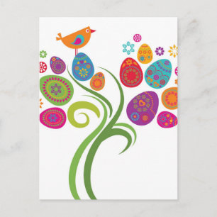 Easter tree with coloured eggs and flowers holiday postcard