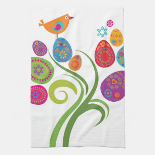 Easter tree with coloured eggs and flowers kitchen towel