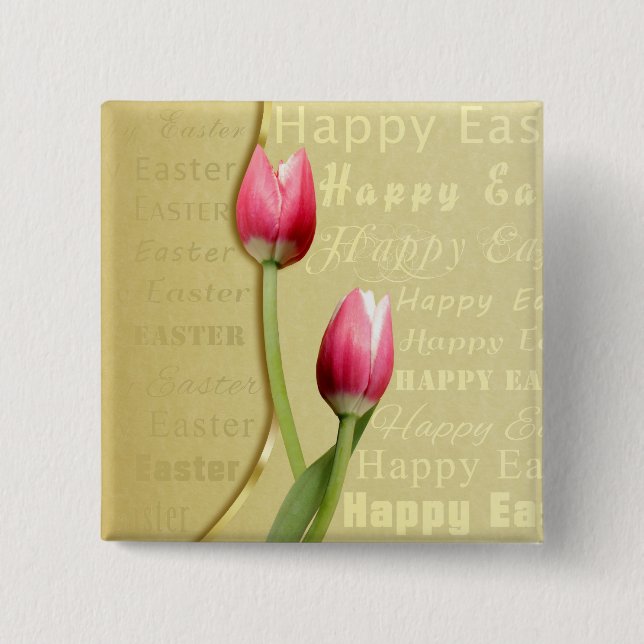Easter Tulips Gold Typography 2 Inch Square Button (Front)