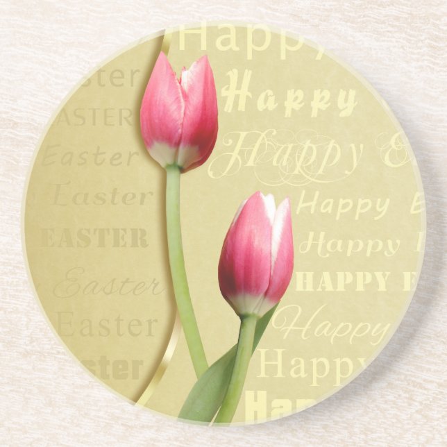 Easter Tulips Gold Typography Coaster (Front)