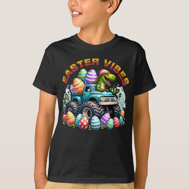 Easter Vibes Dino on Monster Truck with Easter Egg T-Shirt (Front)