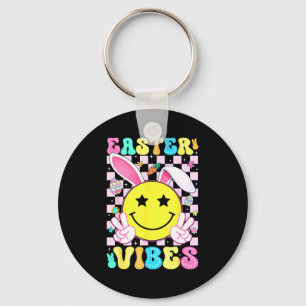 Easter Vibes Retro Groovy Bunny Rabbit Ears Women Keychain