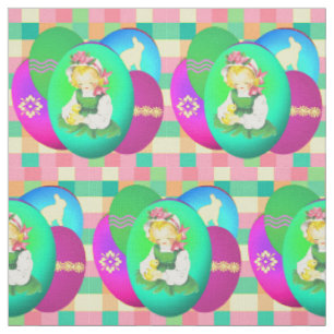 Easter Vintage Girl With Easter Eggs On Plaid Fabric