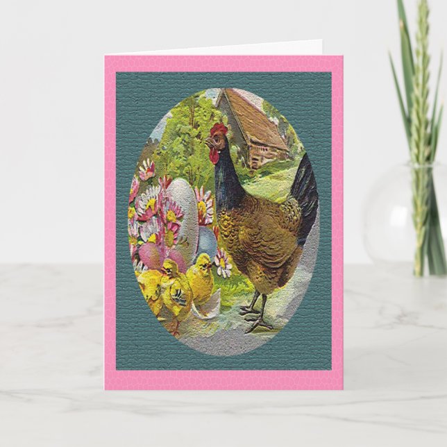 Easter Vintage Hen and Chicks Textured Card (Front)