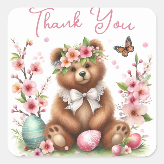 Easter Watercolor Brown Bear Eggs and Flowers -   Square Sticker (Front)