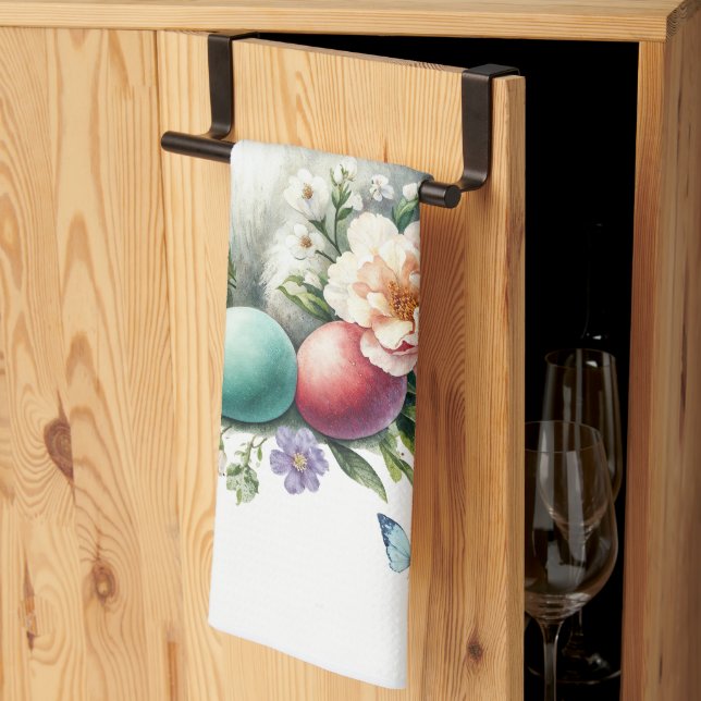 Easter Watercolor Bunny, Eggs & Flowers Kitchen Towel (Thirds Fold)