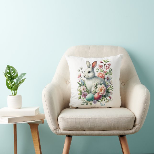 Easter Watercolor Bunny, Eggs & Flowers Throw Pillow (Chair)