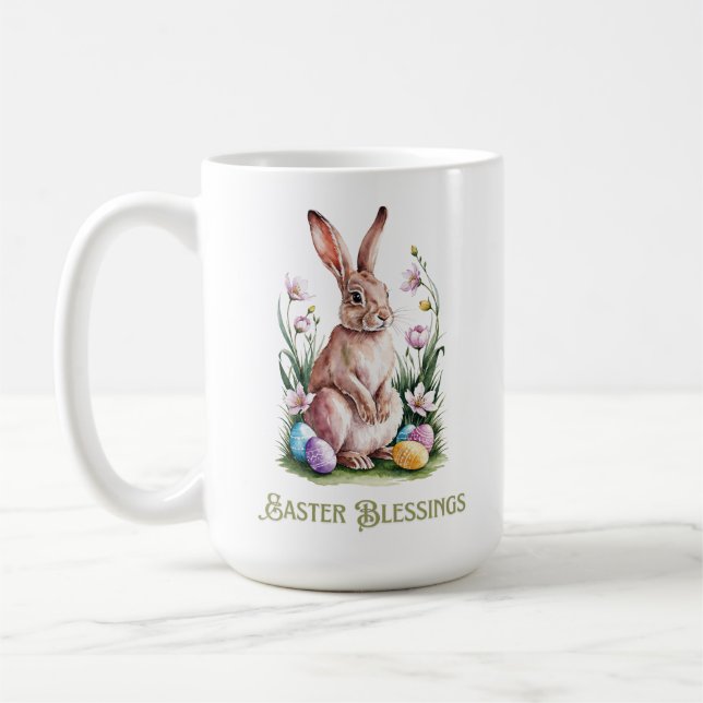 Easter Watercolor Bunny & Flowers Coffee Mug (Left)