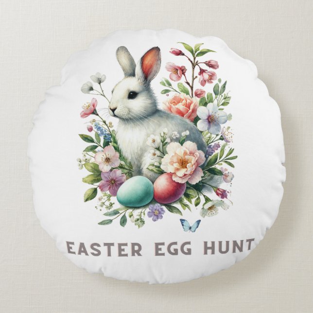 Easter Watercolor Bunny & Flowers Round Pillow (Front)