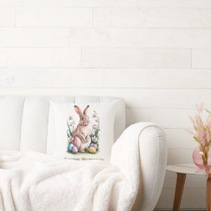 Easter Watercolor Bunny & Flowers Throw Pillow