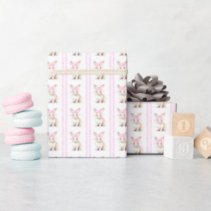 Easter watercolor bunny with pink bow scallop wrapping paper