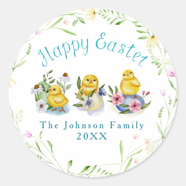 Easter Watercolor Illustration: Spring Chicks Classic Round Sticker (Front)