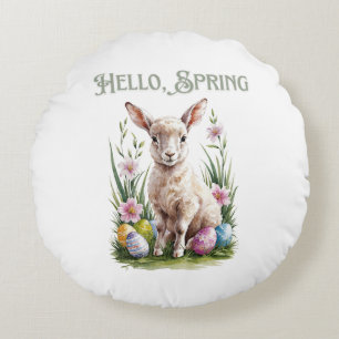 Easter Watercolor Lump, Eggs & Flowers Round Pillow