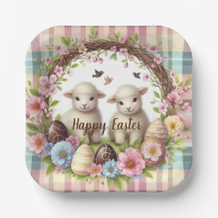 Easter Watercolor Plaid Two Lambs Paper Plate