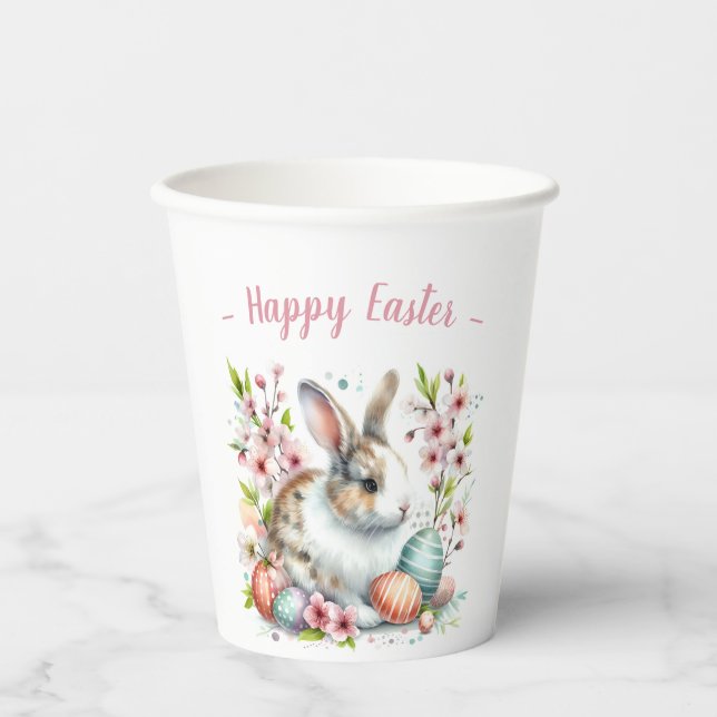 Easter Watercolor Rabbit Eggs and Flowers Paper Cups (Front)