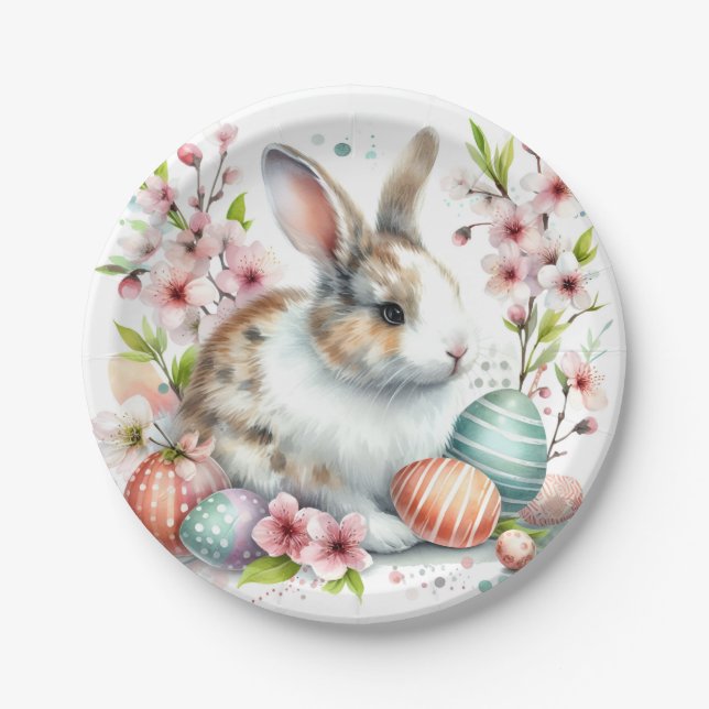 Easter Watercolor Rabbit Eggs and Flowers -   Paper Plate (Front)