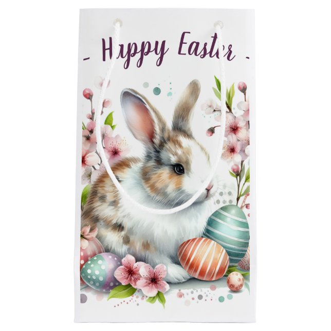 Easter Watercolor Rabbit Eggs and Flowers -   Small Gift Bag (Front)