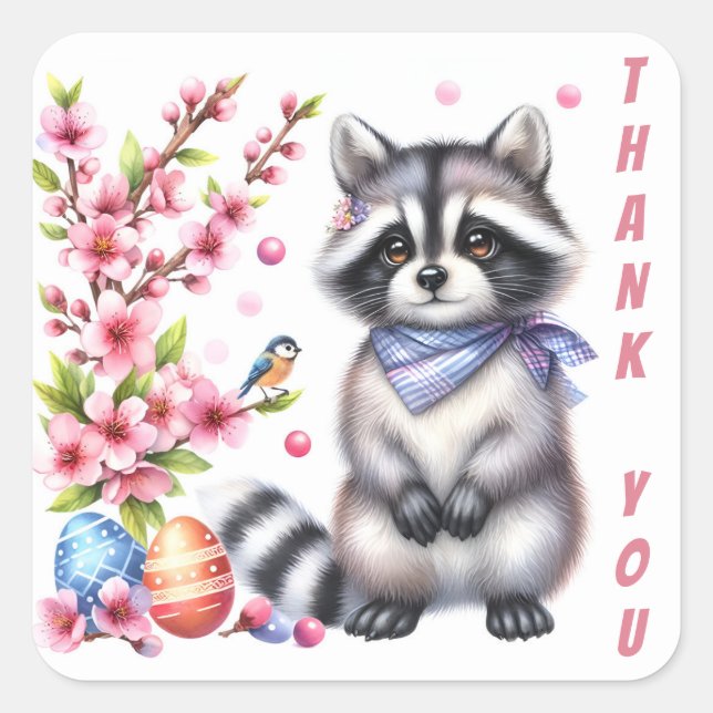 Easter Watercolor Raccoon Eggs and Flowers -   Square Sticker (Front)