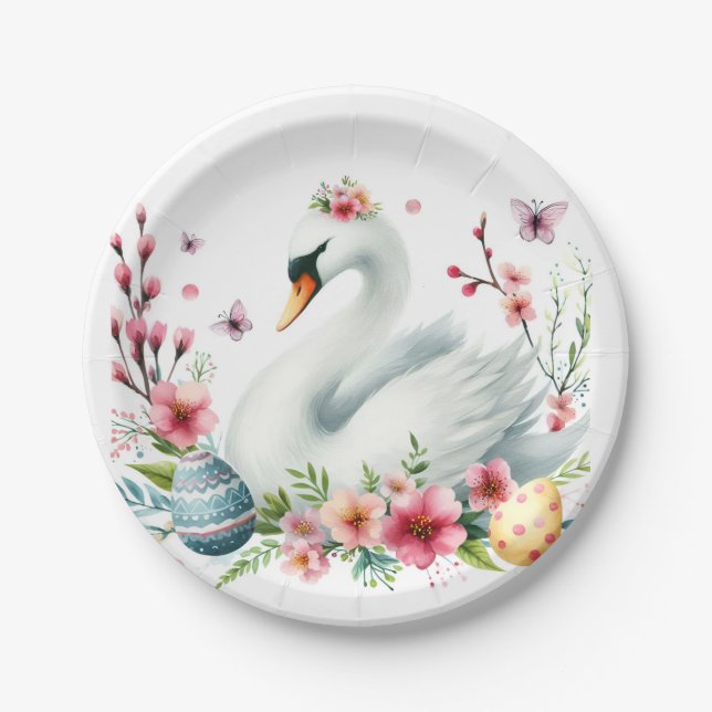 Easter Watercolor Swan Eggs and Flowers -   Paper Plate (Front)