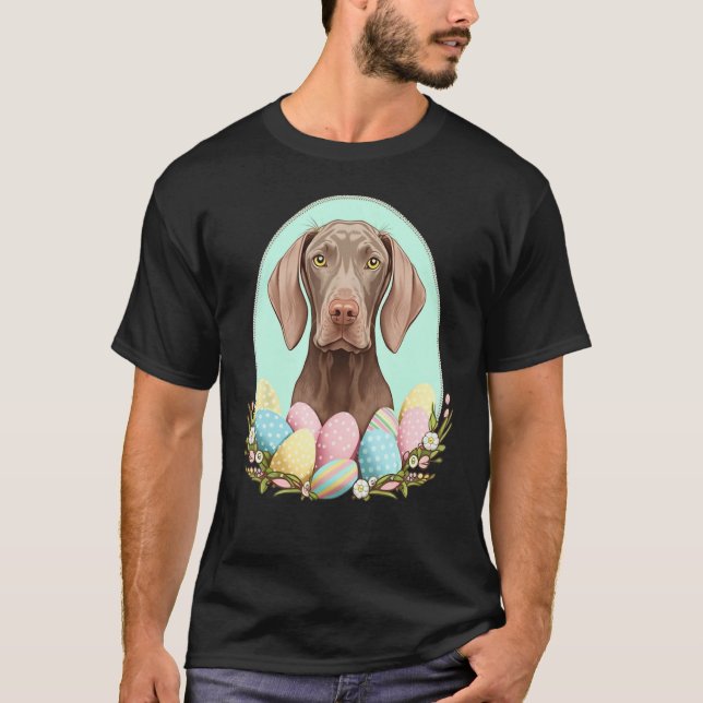 Easter Weimaraner Bunny Eggs Dog on Easter Weimara T-Shirt (Front)