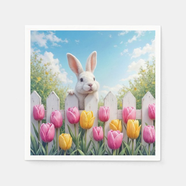 Easter White Bunny In a Tulip Garden Napkin (Front)