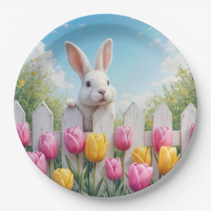 Easter White Bunny In a Tulip Garden Paper Plate