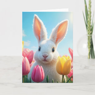 Easter White Bunny In Tulips Card