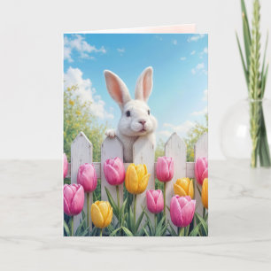 Easter White Bunny In Tulips Card